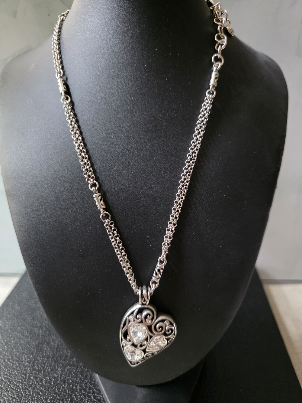 Brighton Silver Heart Two Chain Necklace with Clear Crystals Embedded In Pendant